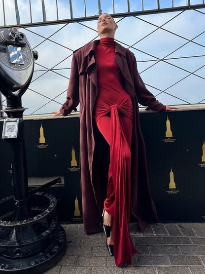 High Neck Long Sleeve Bodycon Dress For Women Tight Elastic Lace Up Maxi Long Dress Autumn  New Party Club Vestidos