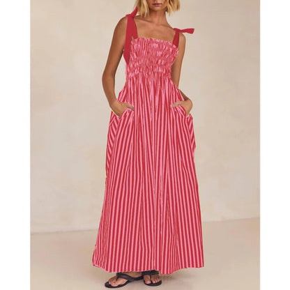 Summer Striped Dress Women Vacation Clothes Square Collar Sleeveless A Line Long Dresses with Pockets Beach Dresses