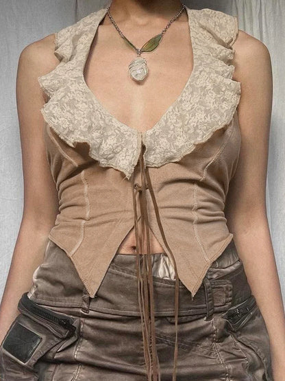 Chaleco vintage de gamuza para mujer, top Y2K con cordones, ajustado, sexy, sin mangas, de los años 2000, con ribete de encaje, estilo halter, ropa grunge