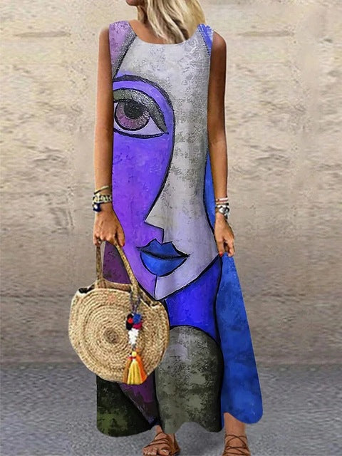 Vestidos largos sin mangas con estampado vintage para mujer, moda de verano, cuello redondo, vestido maxi holgado, ropa de viaje con temperamento, vestido femenino