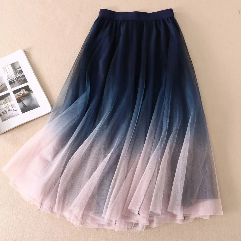 Falda midi de tul degradado para mujer, elegante falda plisada de malla, moda coreana de verano, cintura alta, informal, combina con todo, falda de línea A