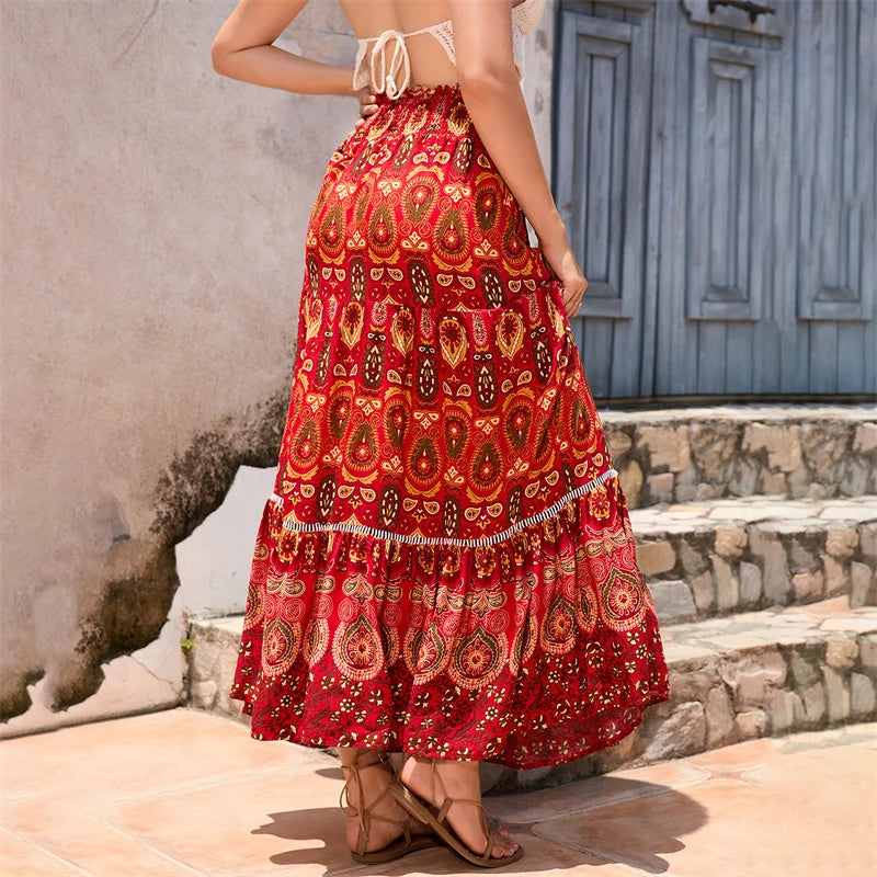 Bohemian Skirt Women Beach Clothes Geometrical Print Elastic High Waist A Line Flowy Swing Skirt Party Skirts Beachwear