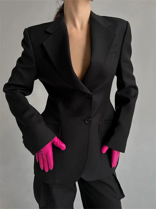 Traje de solapa negra para mujer, abrigo elegante de manga larga con bolsillos y retazos, blazer de cintura alta para otoño 2025