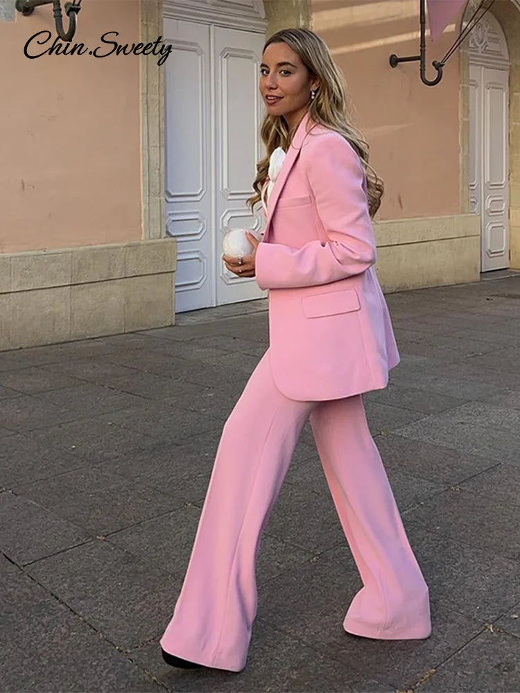 Elegant Blazer Pants Set Solid Loose Lapel Single-breasted Coat Wide Leg Trousers Sets  Fall Office New in Matching Suits