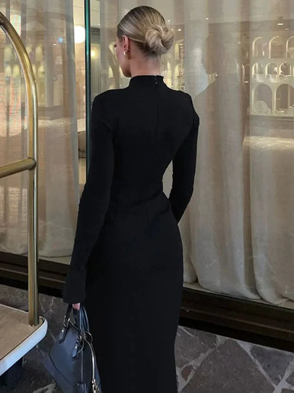 Half Turtleneck Long Sleeves Maxi Dress Fashion Office Lady Clothing Back Slit Gown Dress Female Solid Streetwear Autumn