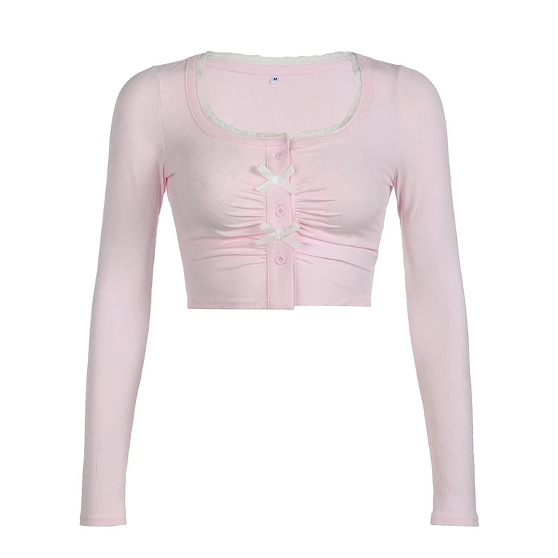 Top corto con botones y detalle de lazo Y2K, bonito top de punto de manga larga para otoño, camiseta elegante y estética urbana.