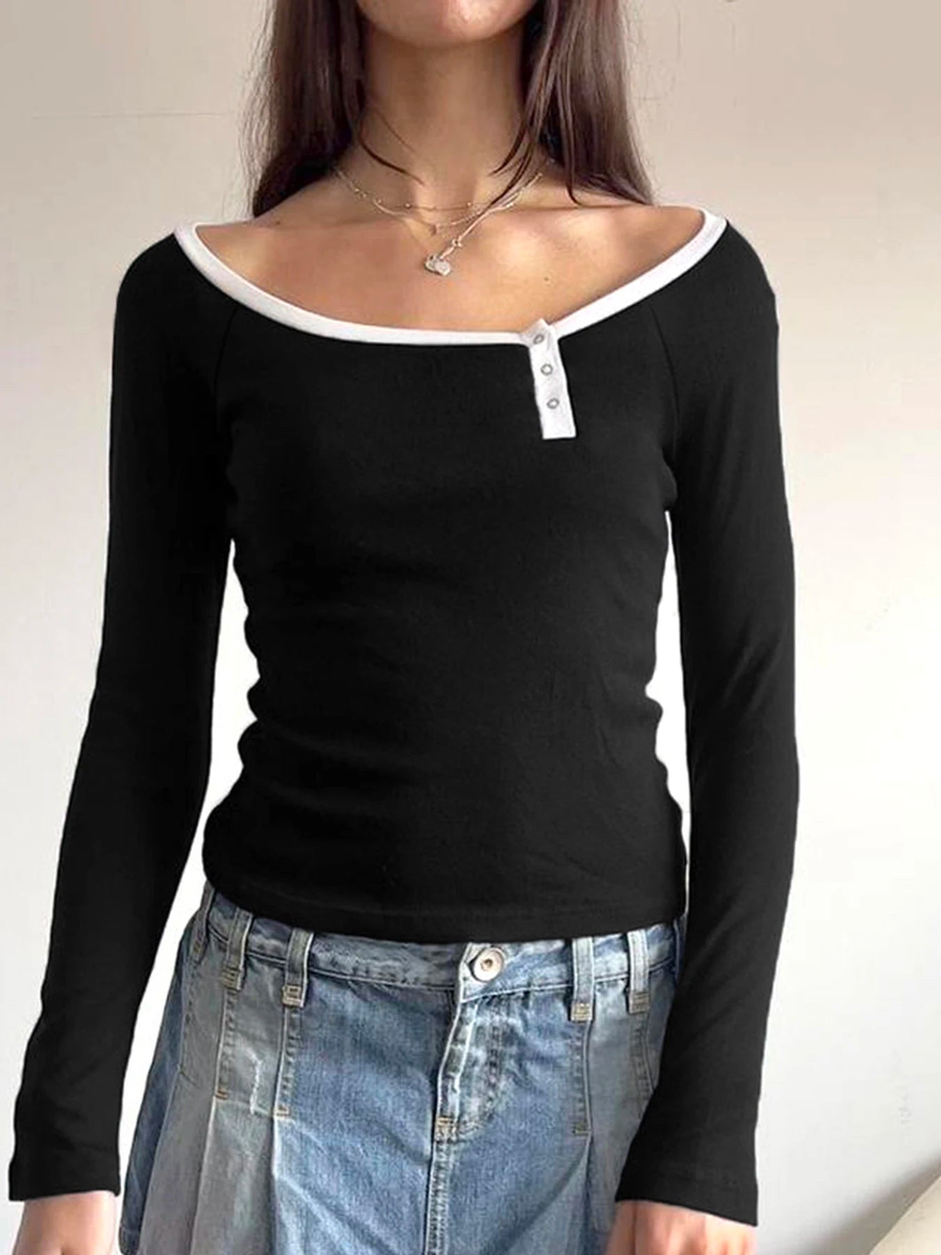 Contrast Binding Off Shoulder O Neck Slim Long Sleeve Basic Black T Shirt Women Asymmetric Button Up Chic Fashion Streetwear Tee