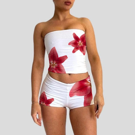 Conjunto de 2 piezas para playa, vacaciones, salón, top corto sin tirantes con estampado floral, bandeau + minifalda ajustada, bodycon cruzado para mujer