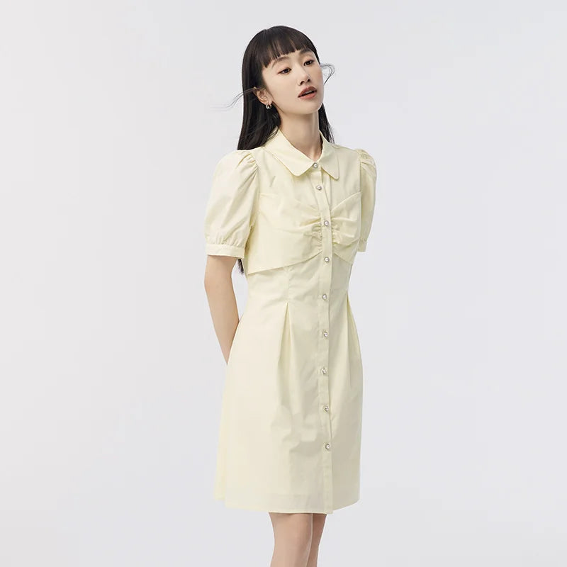 Dress Women Puff Sleeves Sweet Gentle  Summer New Temperament Solid Color Exquisite Shirt Dress