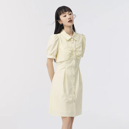 Dress Women Puff Sleeves Sweet Gentle  Summer New Temperament Solid Color Exquisite Shirt Dress