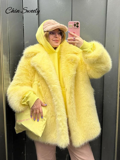 Abrigo de piel sintética marrón de lujo para mujer, con solapa, largo medio, holgado, de imitación de felpa, con hebilla, abrigo de invierno grueso y cálido.