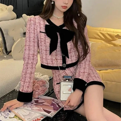 Conjunto de dos piezas de tweed para otoño e invierno, chaqueta corta y minifalda para mujer, elegantes conjuntos de moda coreana para mujer.