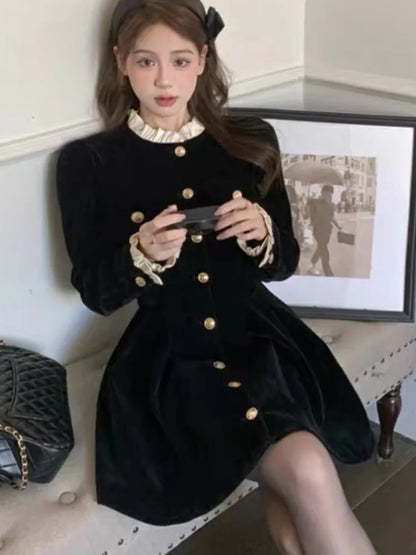 Autumn Black Velvet Dresses for Women Long Sleeve Single Breasted Evening Party Dress Korean Fashion A-line Vestido Mujer New