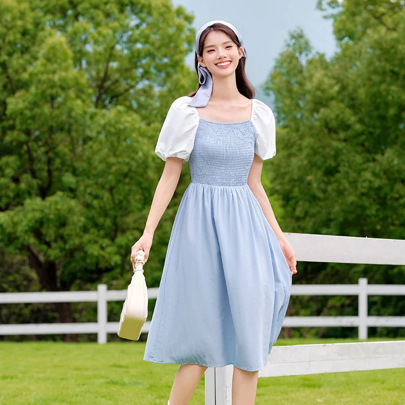 Dress Women Color-Blocking Puff Sleeves Sweet and Elegant Temperament Autumn Hepburn Style Tight Retro Skirt
