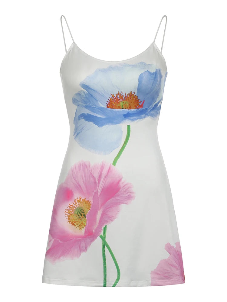 Vestido bohemio romántico con estampado floral y espalda descubierta para mujer, sin mangas, sexy, de verano, con tirantes finos, corto
