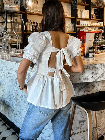 Camisas vintage con mangas abullonadas y cordones para mujer, camisa elegante lisa sin espalda con cuello cuadrado, blusas de calle de moda dulce de verano para mujer