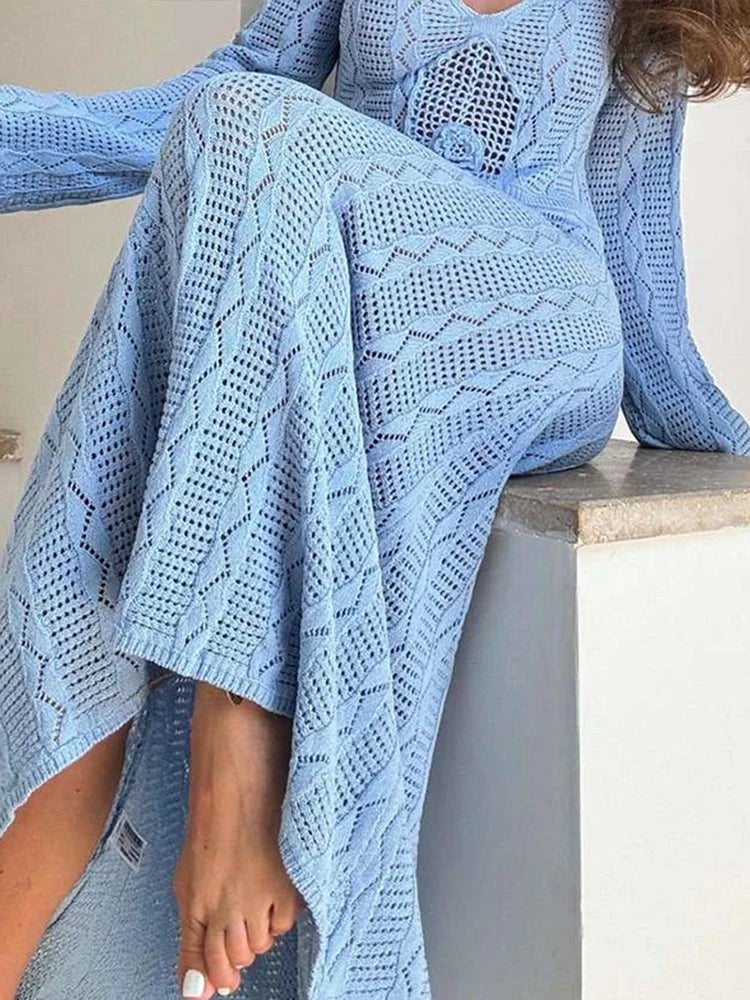 Vestido largo de punto elegante para mujer, sexy, ajustado, con cuello redondo, hueco, moda femenina, otoño, liso, para vacaciones y playa