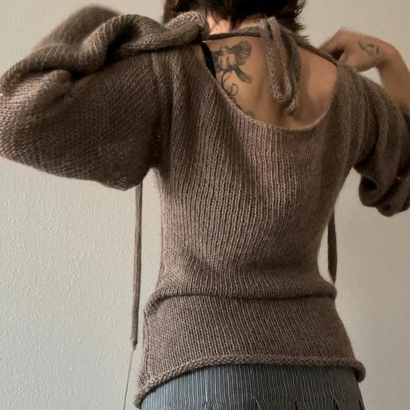 Suéteres de punto con espalda descubierta y lazo para mujer, jersey de manga larga con cuello barco, moda coreana, jerséis vintage Y2K, camiseta de otoño