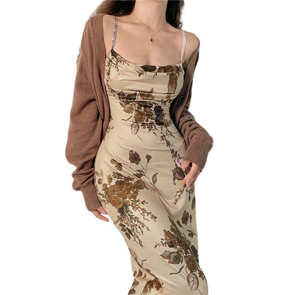 Vestido vintage Y2K con estampado floral de hadas y grunge para mujer, tirantes finos fruncidos, vestidos de fiesta ajustados para mujer