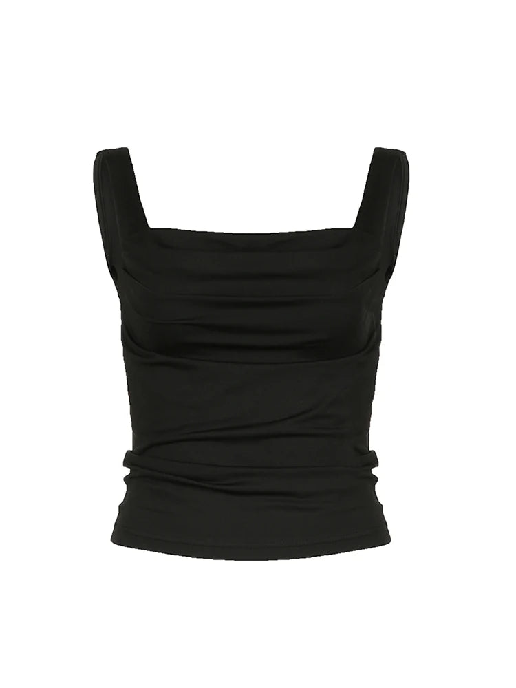 Top corto básico con cuello cuadrado fruncido y espalda descubierta para mujer, chaleco sexy ajustado