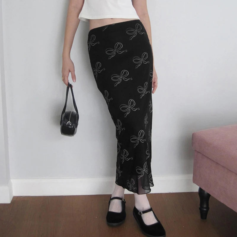 Falda Y2K Fairycore para mujer, con estampado de lazo y ribete de encaje, de cintura baja, de malla, ajustada, estilo grunge de los años 2000, para fiestas y ropa de calle.