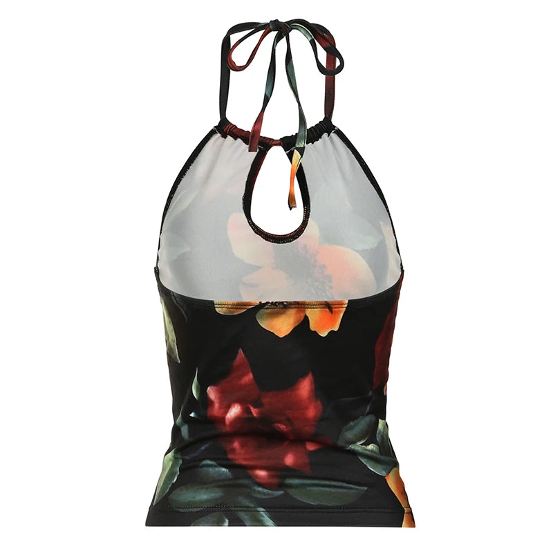 Vintage Floral Print Backless Cami Top Cut Out Front Women Sexy Halter Tank Tops Y2K Fashion Slim Vest Summer Outfits