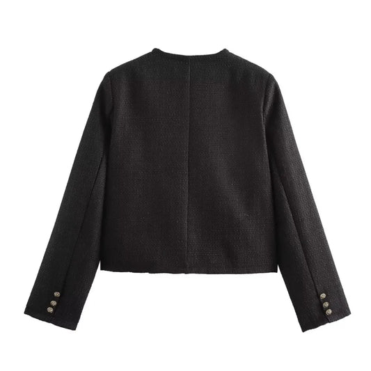 Abrigo de tweed negro de lana suave con cuello redondo para otoño, chaqueta corta vintage con bolsillos delanteros y botones de un solo pecho, chaqueta elegante