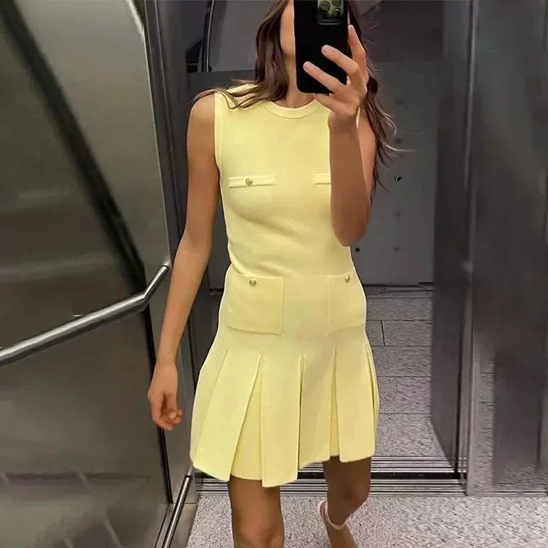 Vestido mini de punto con pliegues de moda para mujer, elegante, sin mangas, con bolsillo, chaleco, vestido de cintura alta, para fiestas de verano