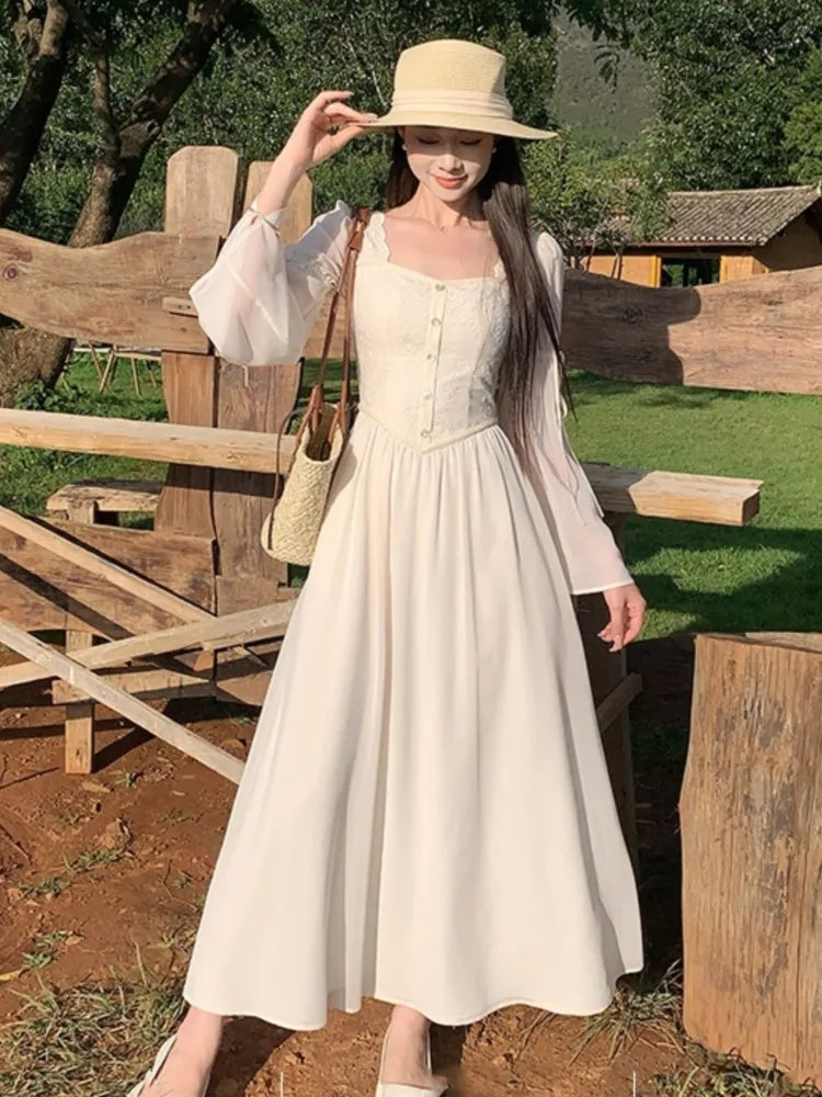 Vestidos midi franceses vintage con mangas acampanadas para mujer, cuello cuadrado, corte en A, otoño, nuevo, informal, liso, para fiesta, ropa femenina