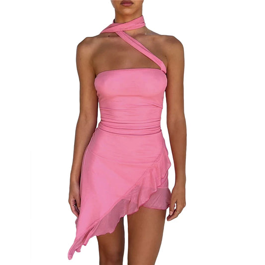 Ruffled Dresses for Women Summer Solid Color Sleeveless Halterneck Backless Irregular Hem Midi Dress y2k Party Dress