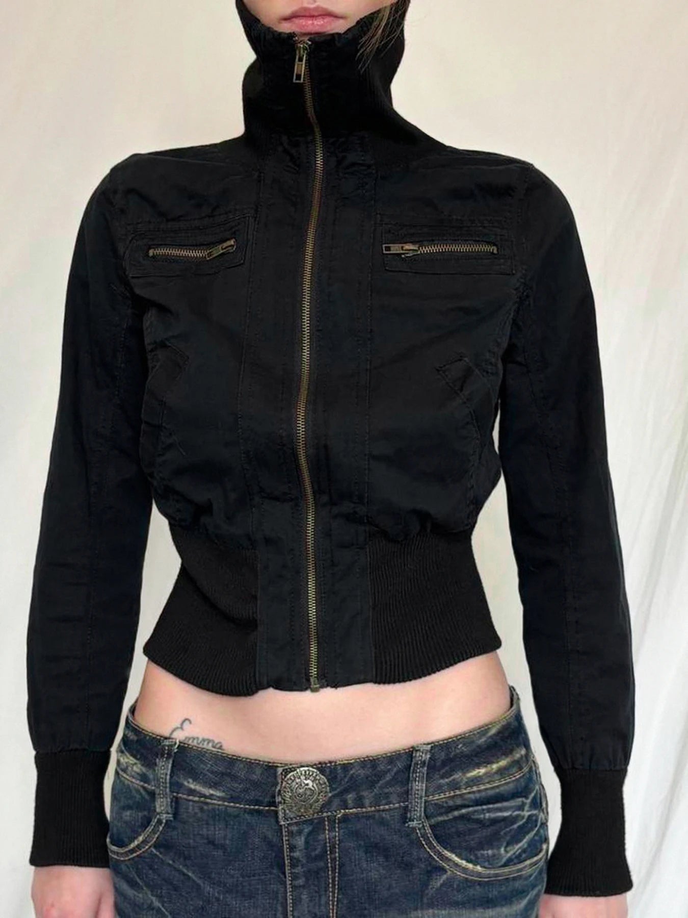 Chaqueta bomber de manga larga ajustada con cuello alto y cremallera negra de estilo callejero coreano para mujer, nueva moda de otoño, prendas de vestir góticas