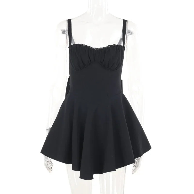 Bows Spaghetti Strap Dress For Women Plunge Sexy Bodycon Mini Dress Zipper A-Line Backless Folds Party Dress High Waist