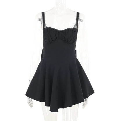 Bows Spaghetti Strap Dress For Women Plunge Sexy Bodycon Mini Dress Zipper A-Line Backless Folds Party Dress High Waist