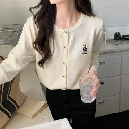 Spring Autumn Women’s Knitted Cardigan  Korean Single Breasted Long Sleeve Jumper Woman Chic Round Neck Cardigans Outwear