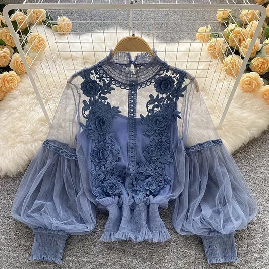 Elegante blusa francesa para mujer, con temperamento dulce, volantes, blusas casuales sueltas, ropa de calle de manga larga de primavera, camisas blancas