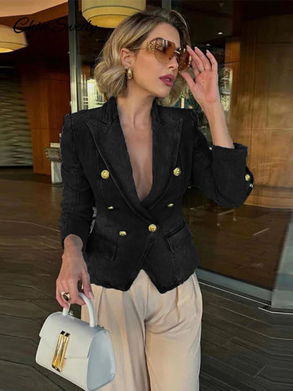Slim Cropped Denim Jacket Women Lapel Long Sleeve Double Breasted Blazer Coat Female 2025 Spring Summer High Street Outwears