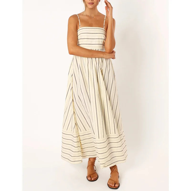 Vacation Dresses  Summer Women Striped Spaghetti Strap Sleeveless High Waist A Line Long Dresses Party Clubwear