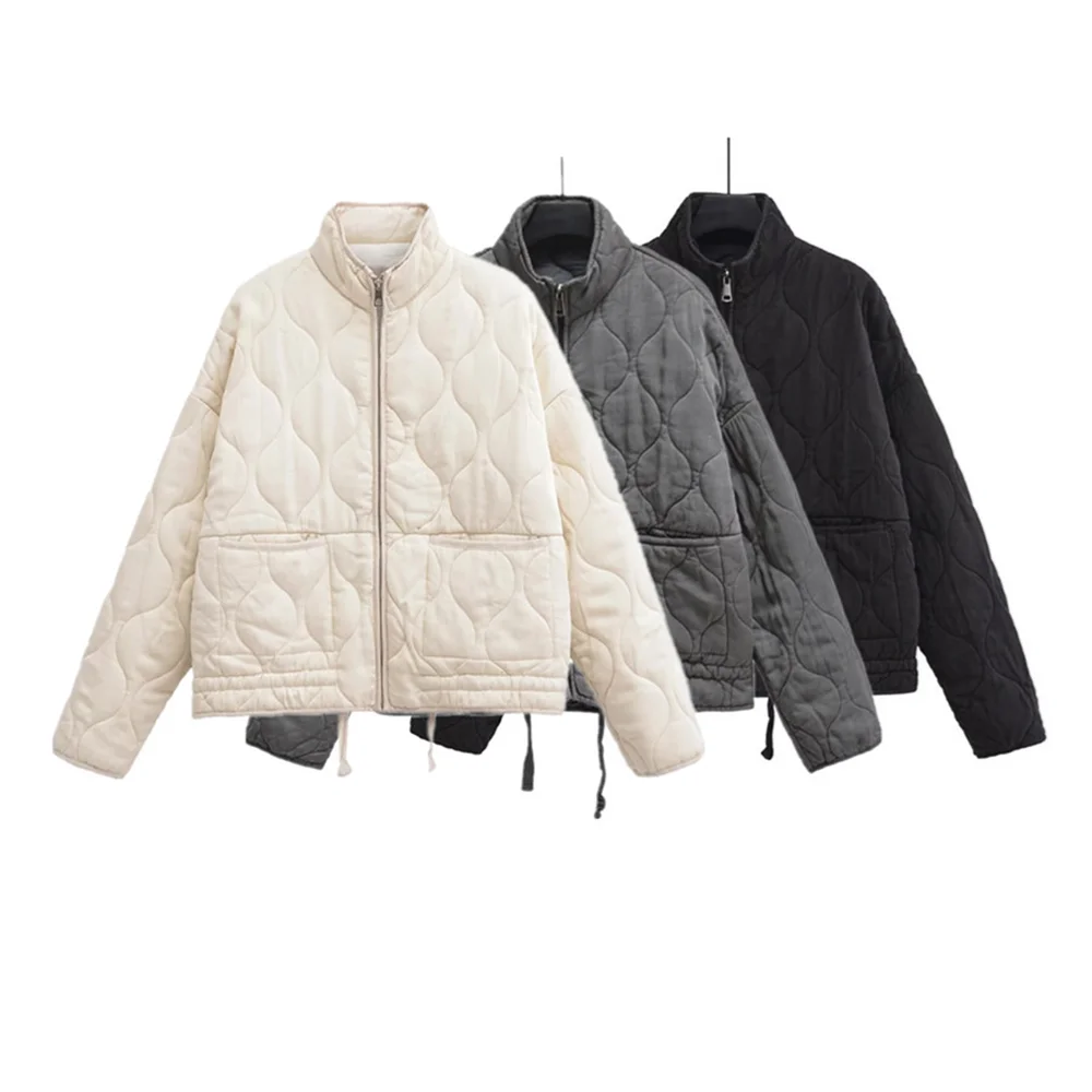 Abrigo de algodón con cuello alto, holgado, con bolsillos y rejilla de rombos para mujer, estilo de invierno, para uso diario y tiempo libre