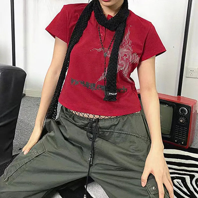 Top corto Harajuku estilo japonés con estampado de estrellas, cuello redondo, manga corta, camiseta gráfica Y2K, ropa de calle para mujer