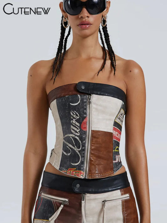 Top corto sexy de verano con hombros descubiertos y cremallera para mujer, informal, sin tirantes, espalda descubierta, ropa de calle, moda para discoteca, fiesta, camiseta sin mangas para mujer