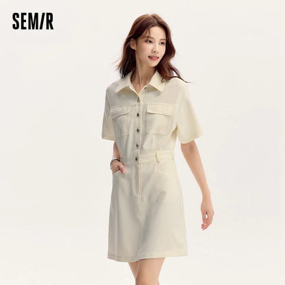 Dress Women Turn-Down Collar Stylish And Chic  Summer New Simple And Sweet Waist-Cinching Short Skirt