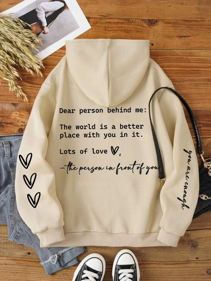 Sudadera con capucha y estampado gráfico de letras "Dear Person Behind Me" para mujer, suave, abrigada, de forro polar, informal, holgada, para otoño