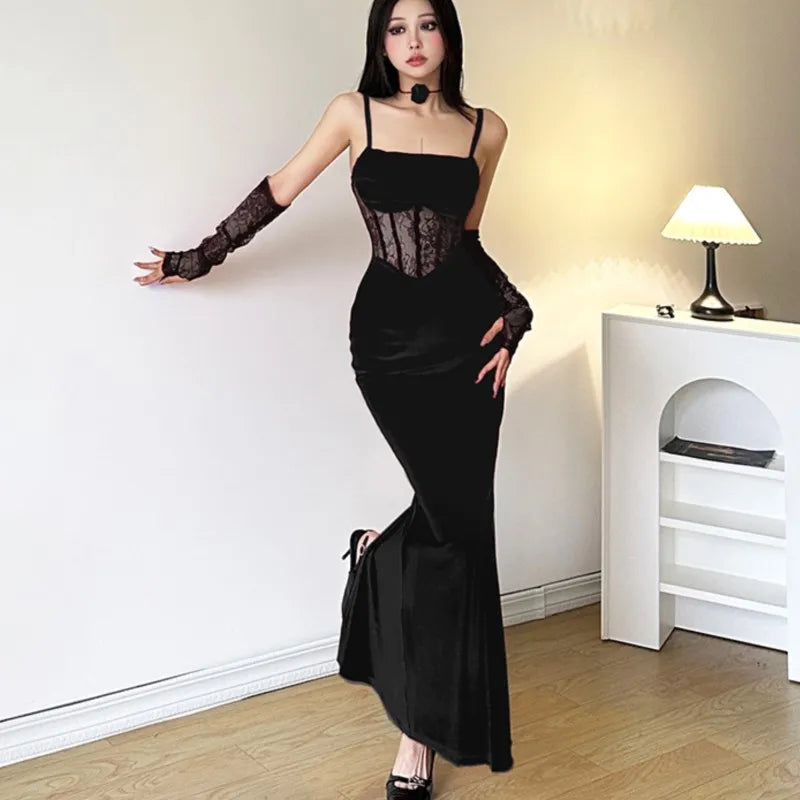 Vestidos sexis ajustados de terciopelo para mujer, corsé con tirantes finos y abertura en la cintura, vestido de fiesta de noche, bata de graduación, vestidos de Navidad