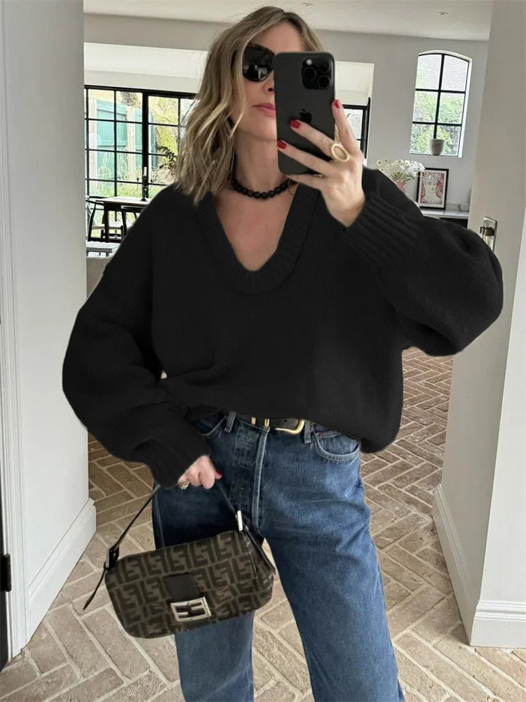 Autumn Knit Sweater Pullover Loose Female Casual Patchwork Scoop Neck Striped Long Sleeve Knitwear Women Y2k Top Pullover