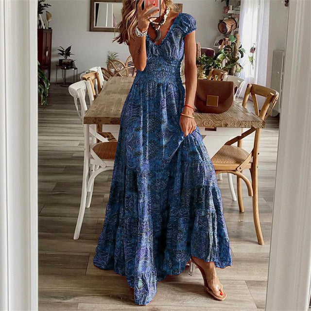 Vestidos largos con estampado bohemio para mujer, cuello en V, cintura elástica, mangas cortas, estilo casual de vacaciones, vestidos vintage de moda para mujer