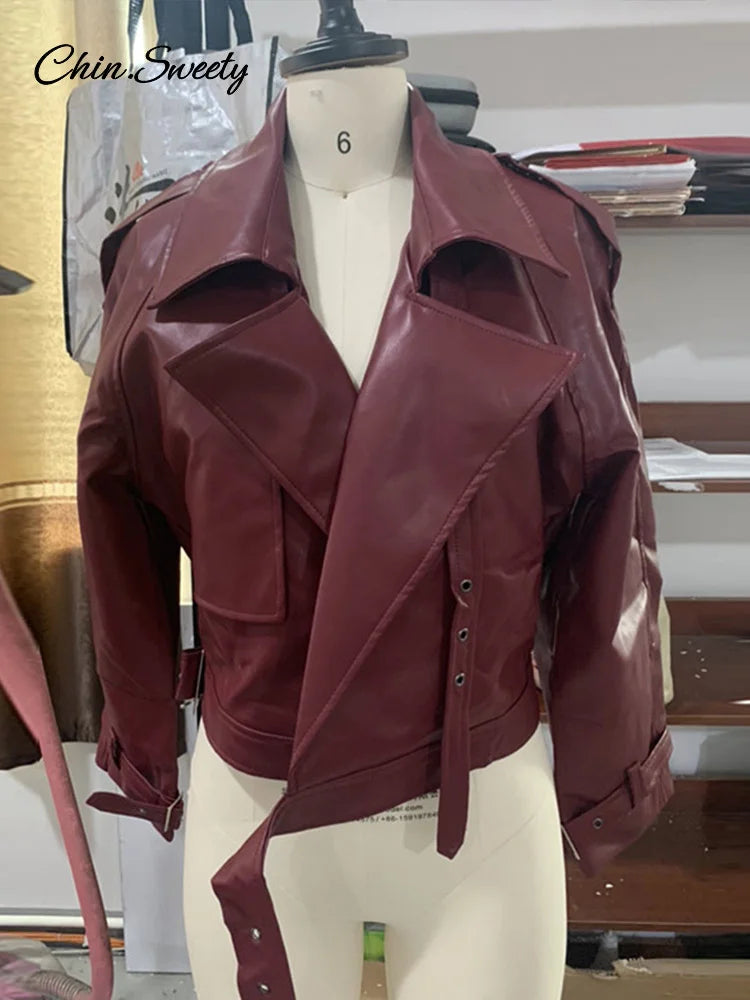 Chaqueta corta informal de cuero con cinturón y solapa, abrigo corto de manga larga, nueva moda para dama, ropa de calle para fiestas, nueva ropa exterior _