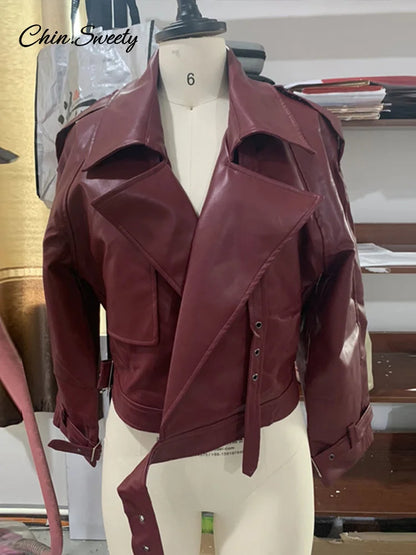 Chaqueta corta informal de cuero con cinturón y solapa, abrigo corto de manga larga, nueva moda para dama, ropa de calle para fiestas, nueva ropa exterior _