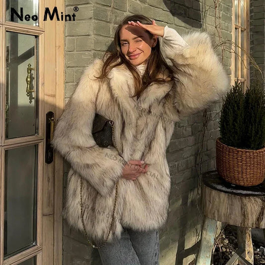 Chaqueta de piel sintética esponjosa de marca de lujo para mujer, abrigo de invierno largo y grueso de piel de zorro con degradado cálido, abrigo de calle peludo