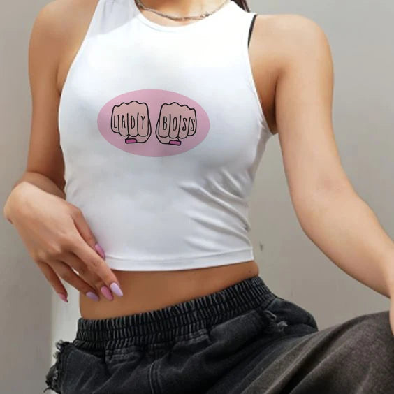 Camiseta básica americana de cuello redondo con estampado de letras, de punto, de manga corta, estilo Spice Girls, top corto ajustado de verano