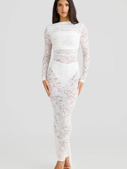 Vestido de noche ajustado con espalda descubierta y encaje de retazos para mujer, elegante, de manga larga, para fiesta y club, otoño/invierno 2025